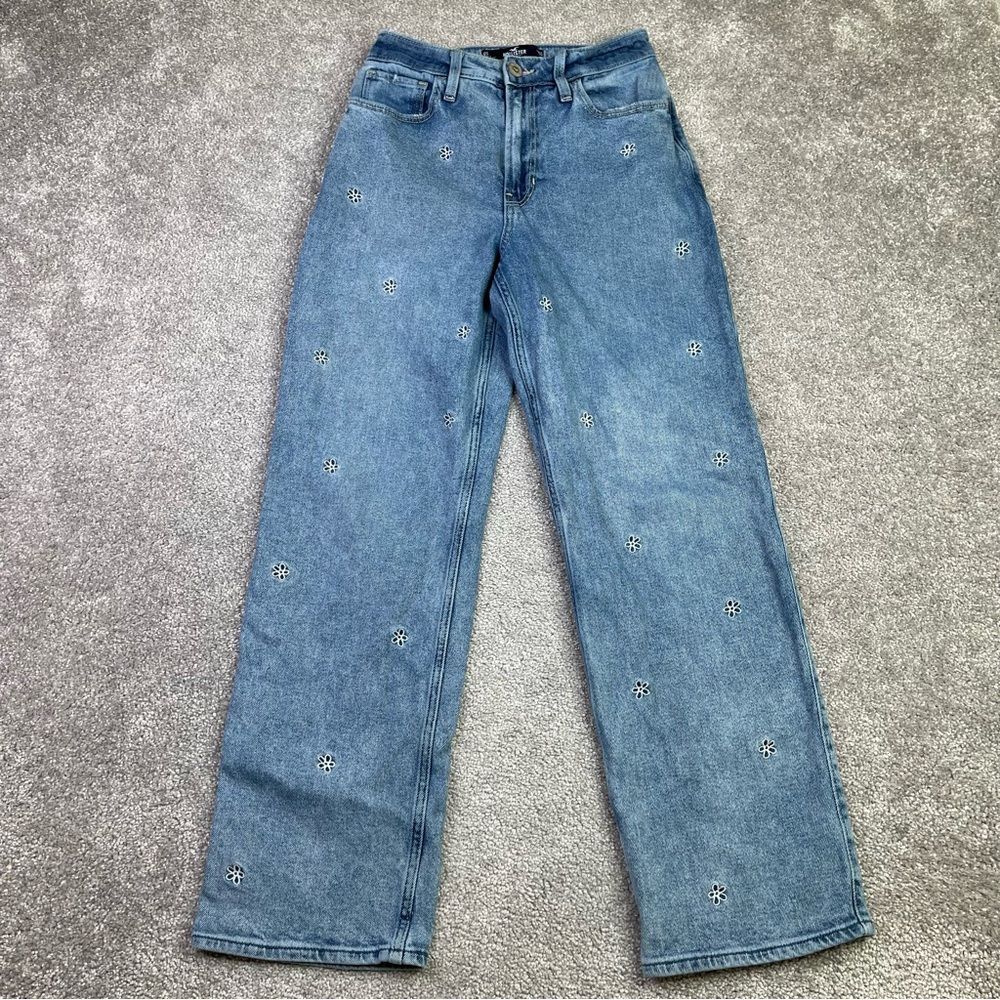 Hollister Dad Jeans Women’s 25 Short Blue Straight High Rise Flower Embroidered